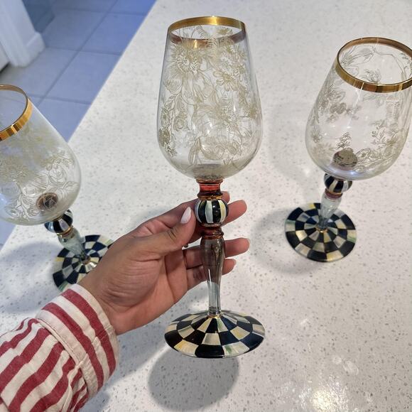 MacKenzie Childs Blooming Wine Glasses Goblet Courtly Check Set Of 3 Designer - Picture 11 of 15